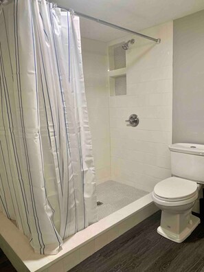 Douche, serviettes fournies, shampoing, papier toilette