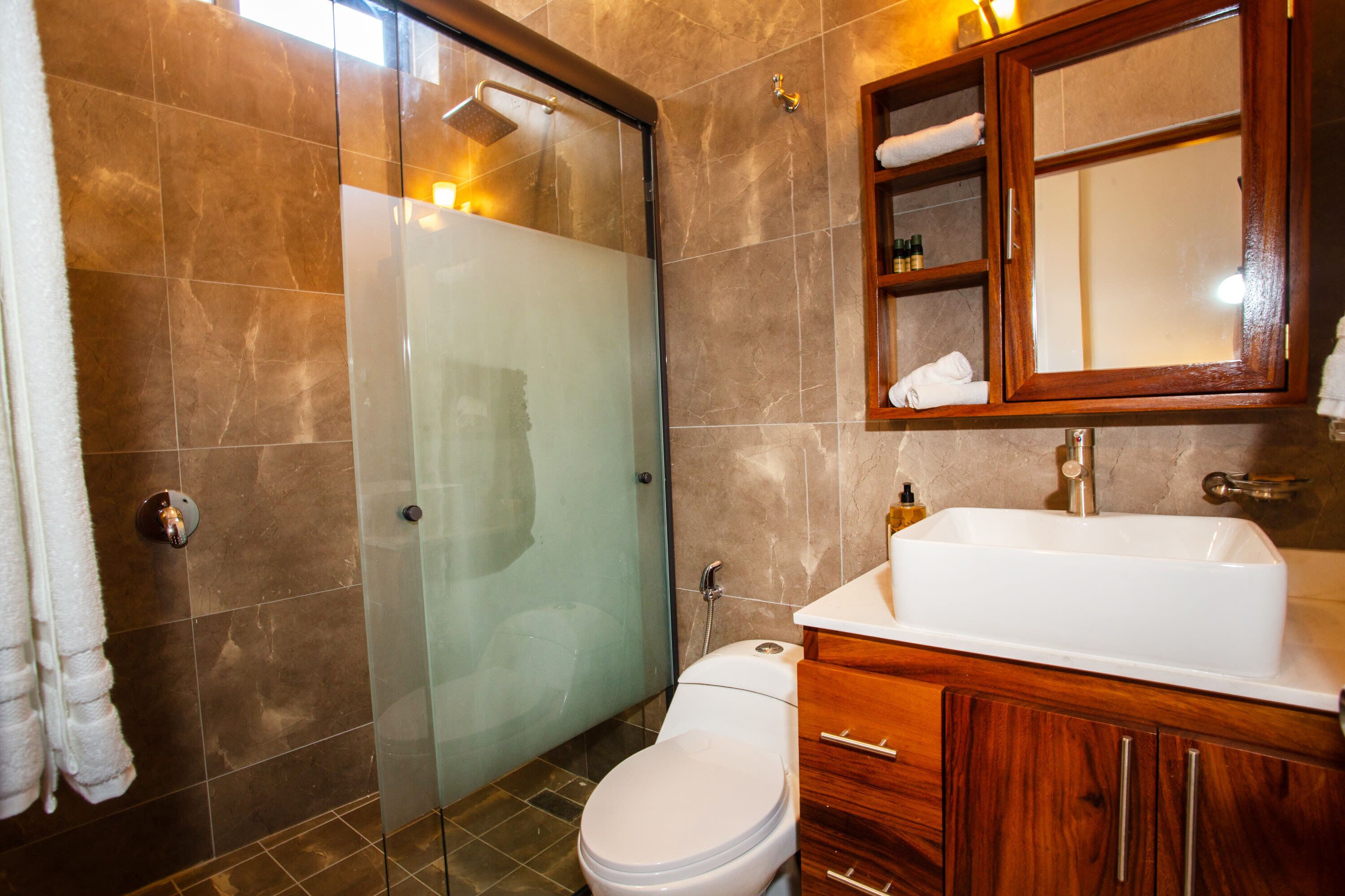 A bathroom with a glass-enclosed shower, a white toilet, a wooden vanity with a sink, and a mirror above the mirror cabinet.