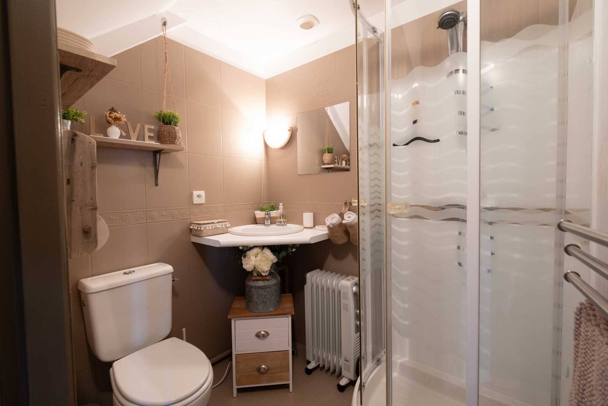 Shower, hair dryer, soap, shampoo
