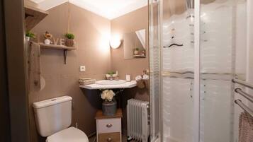 Shower, hair dryer, soap, shampoo