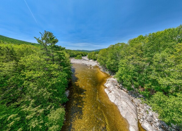 A river flowing through a forested area with a clear sky. - Luxe Riverfront Escape (Lincoln)