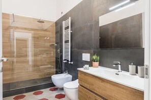 Hair dryer, bidet, towels, soap