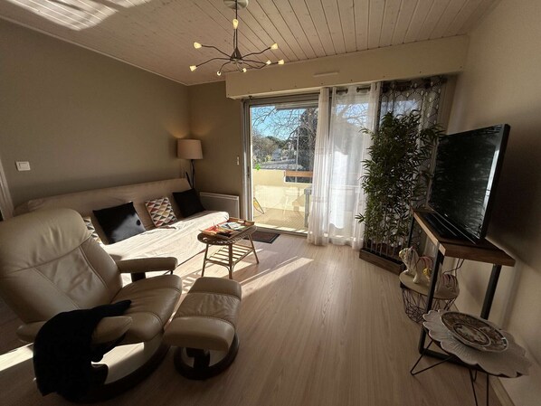 A living room with a sofa, ottoman, coffee table, TV, and a plant.