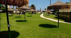 A well-maintained lawn with multiple thatched umbrellas and a clear pathway.