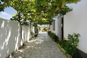A narrow pathway flanked by white walls, leading to a building entrance.
