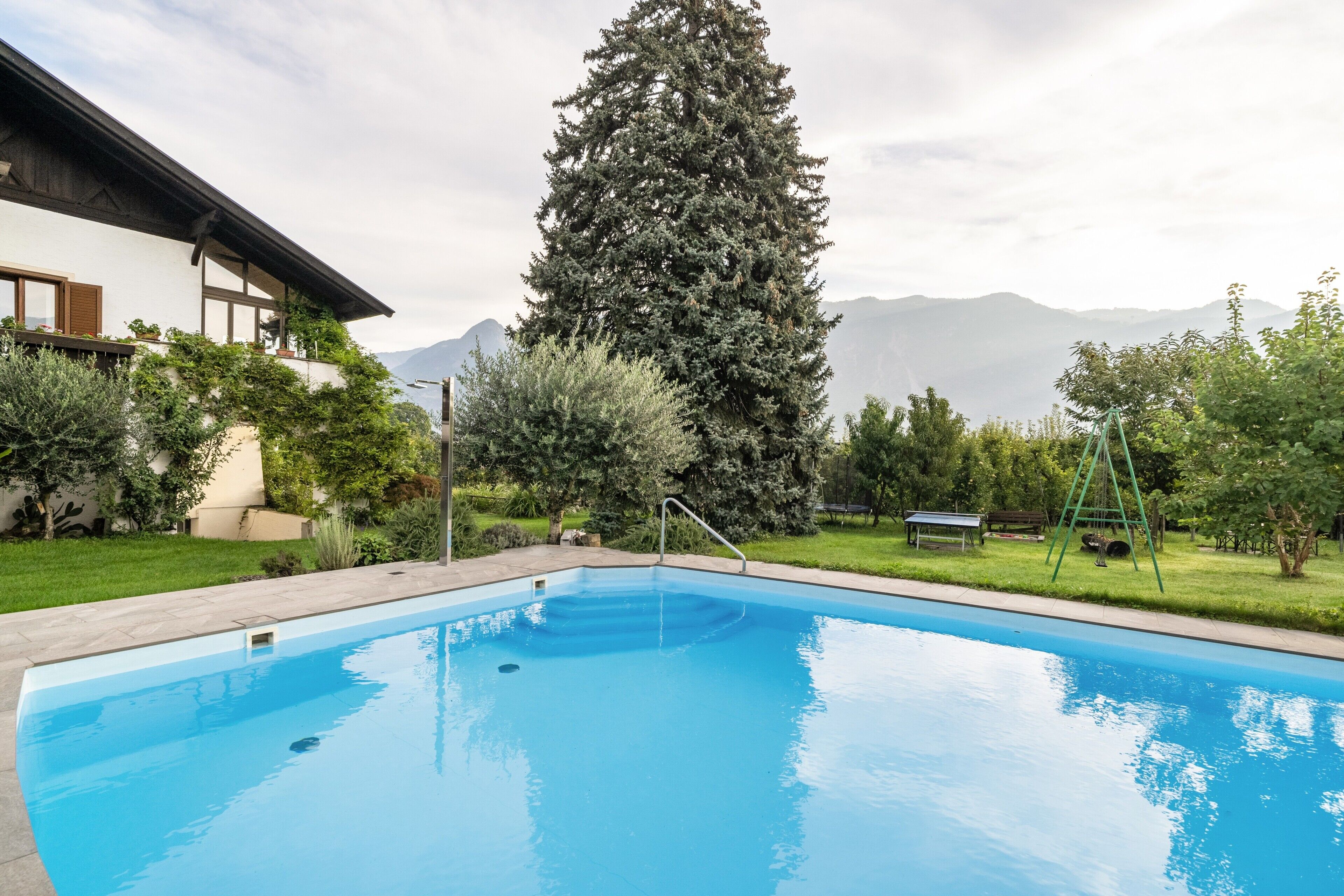 A swimming pool with a view of mountains, a tall evergreen tree, and a building with a balcony.
