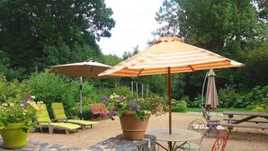 An outdoor patio with stone walls, a round table, and two striped umbrellas.