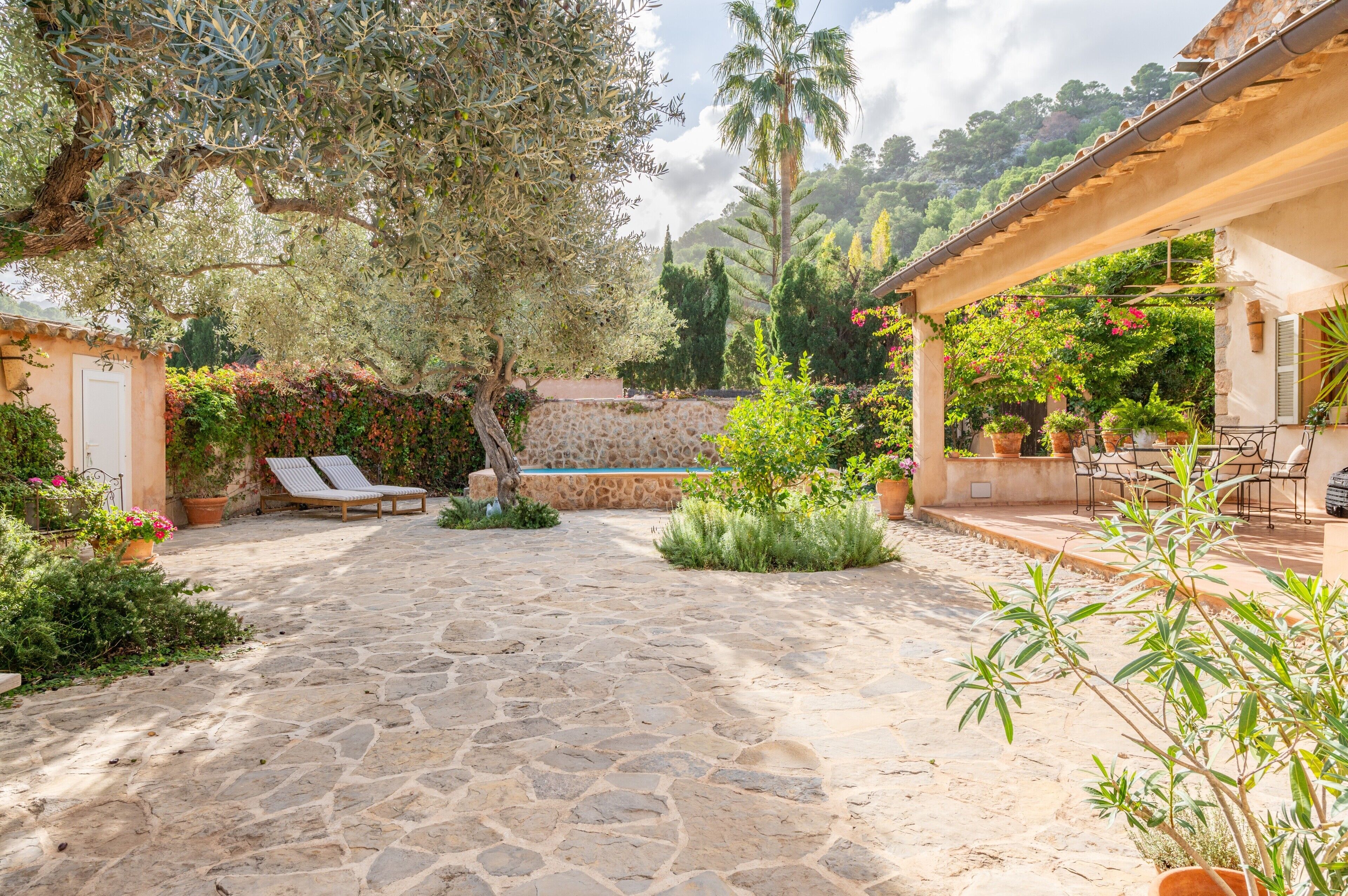 Un patio empedrado con una silla de descanso, plantas en macetas y una pérgola.
