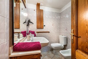 Shower, hair dryer, towels - Holiday Home 'Lo Sondzo' with Mountain View, Shared Terrace & Wi-Fi (Nus)