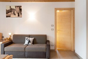Un salon moderne avec un canapé gris, une porte en bois et un tableau accroché au mur.