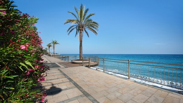 A paved walkway with palm trees and flowers, leading to a beach with a railing. - Apartment 'Casa Cogoleto Terrace and Parking' with Sea View, Wi-Fi and Air Conditioning (Cogoleto)