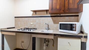 Kühlschrank, Mikrowelle, Herdplatte, Wasserkocher mit Kaffee-/Teezubehör