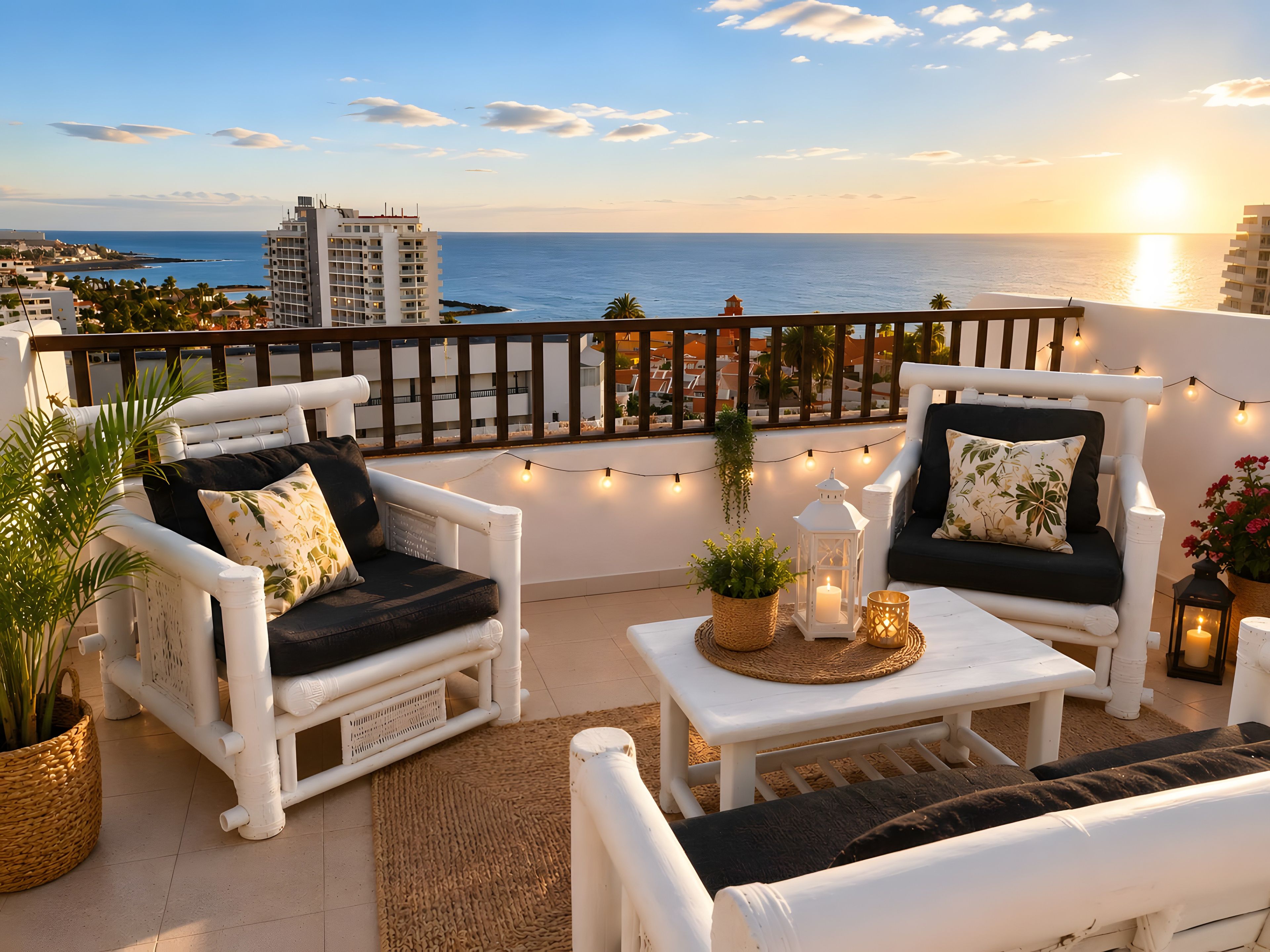 A balcony with white wicker furniture, a small table with a candle, and a view of the ocean at sunset.