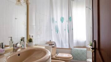 Bathtub, hair dryer, towels