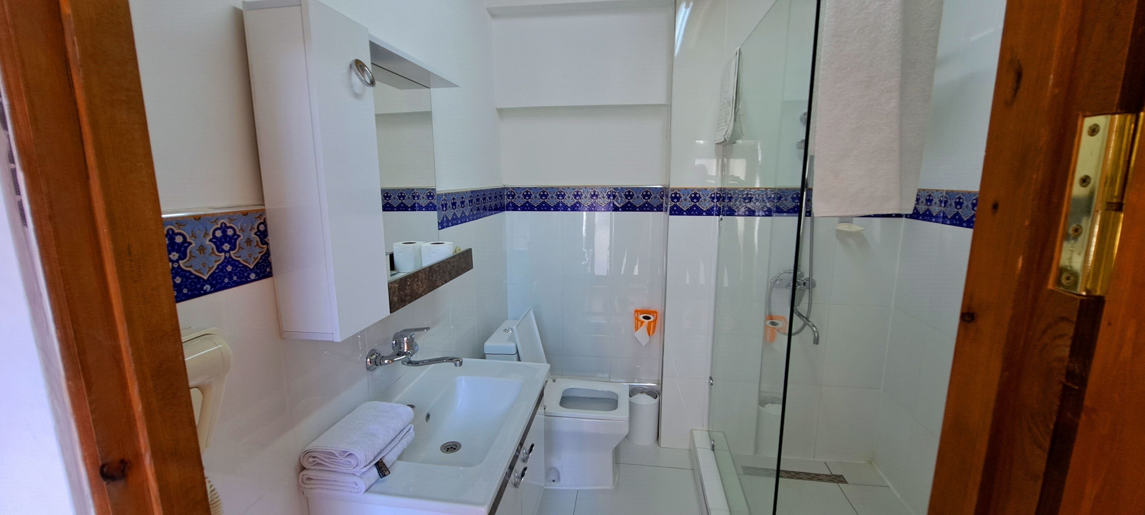 Une salle de bain équipée d’un lavabo, d’un miroir, de toilettes et d’une douche à parois en verre.