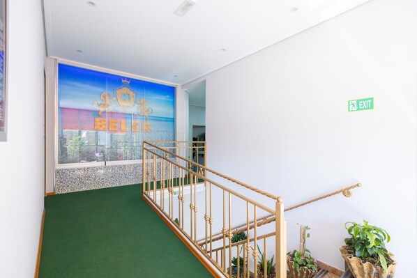 A staircase with a green carpet, a wooden railing, and potted plants. - Hotel Beler (Vlorë)