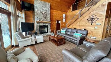 Smart TV, fireplace, foosball