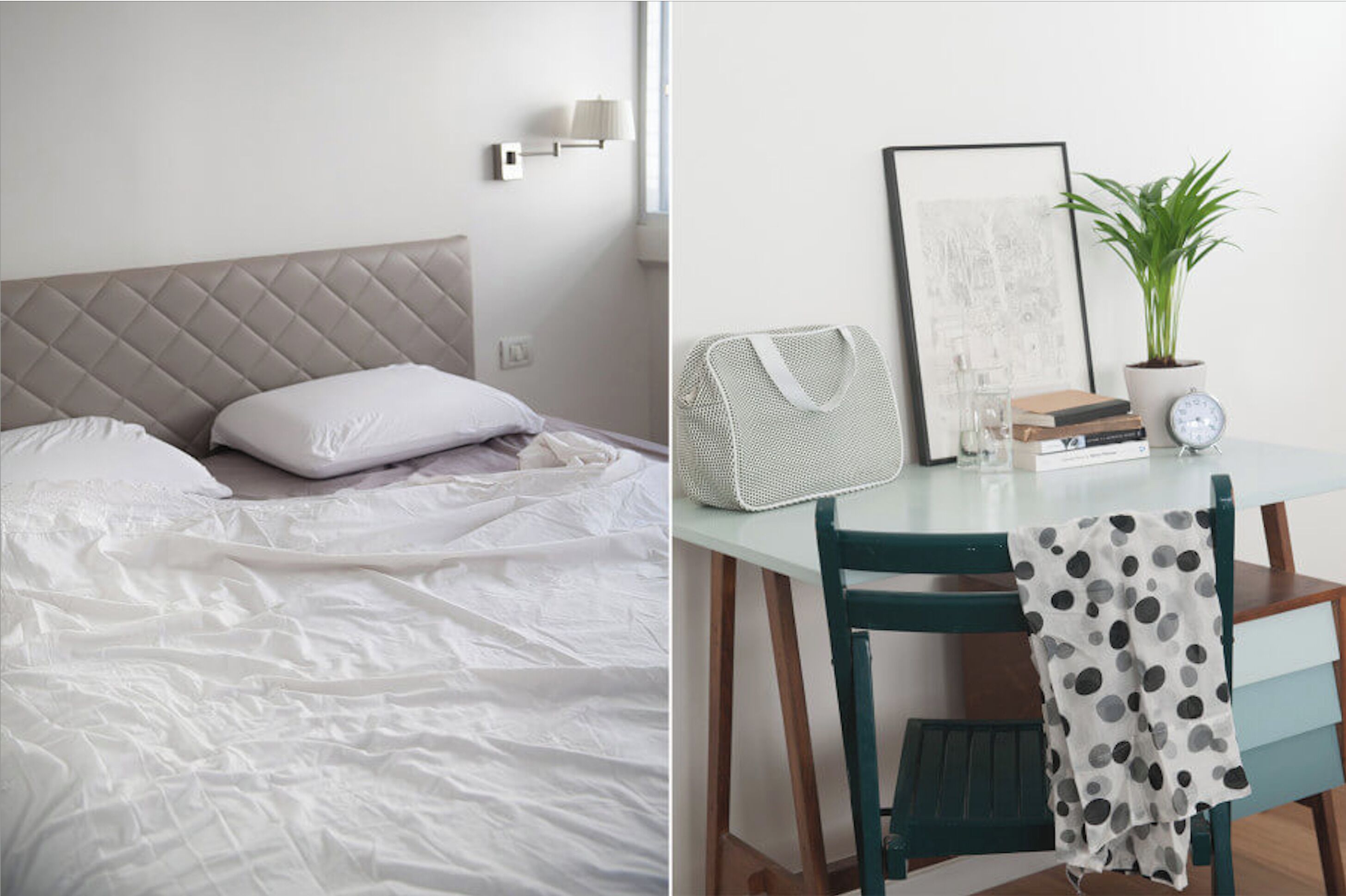 Un lit bien fait, avec une tête de lit, une petite table de chevet avec une lampe et un luminaire fixé au mur.