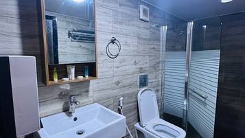 Buồng tắm vòi sen, máy sấy tóc, khăn tắm, xà phòng