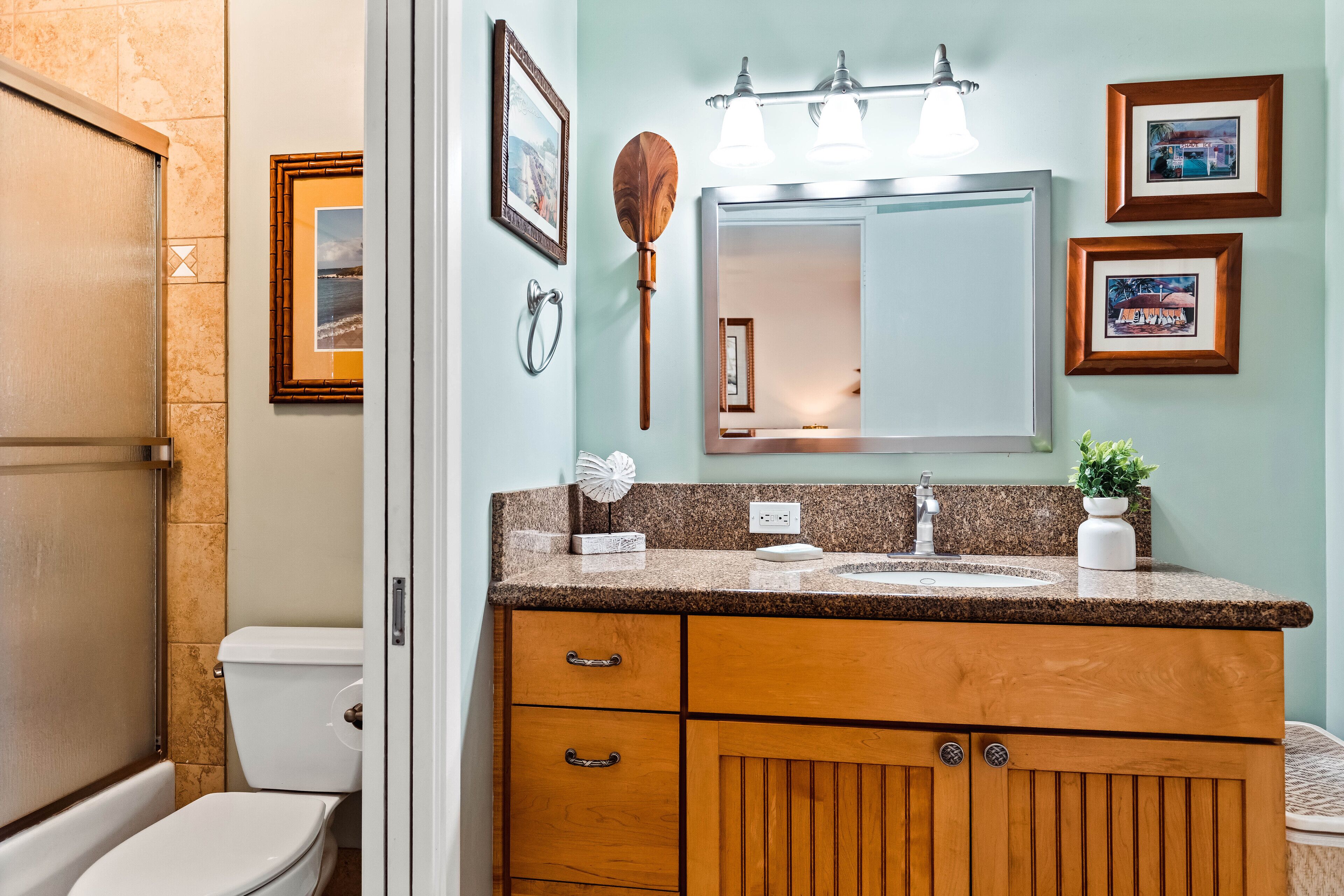 Combined shower/tub, hair dryer, towels, soap