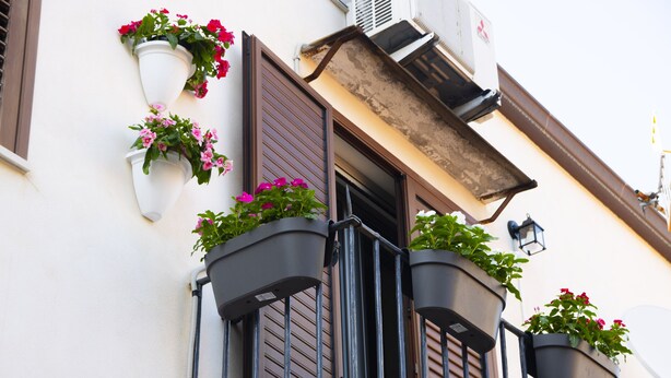 A building with multiple windows, some with shutters, and flower pots on the exterior.