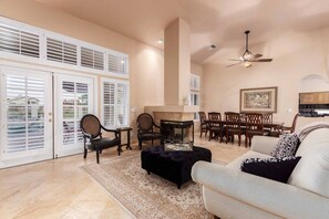 Smart TV, fireplace, table tennis, books