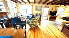 Smart TV, chimenea, reproductor de DVD y libros