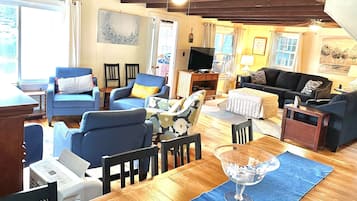 Smart TV, fireplace, DVD player, books