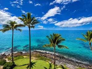 A tropical beach with clear turquoise waters, palm trees, and a rocky shoreline.