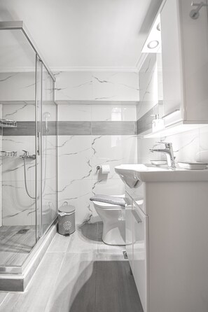 Hiustenkuivaaja, pyyhkeet, saippua, vessapaperi