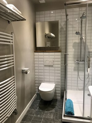 Shower, hair dryer, towels, soap