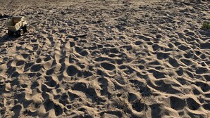 A sandy beach with a toy truck and a calm lake in the background. - Totally private boat access cottage with all amenities (Plevna)