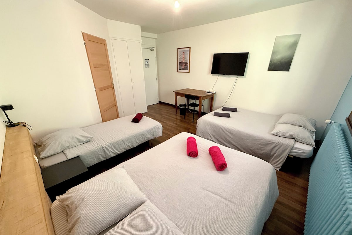 Habitación de hotel con dos camas individuales, un escritorio de madera, una silla, un televisor de pantalla plana y una puerta.