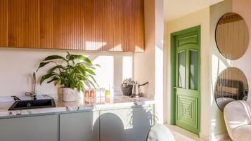 Una cucina moderna con lavello, una pianta in vaso e una porta verde.