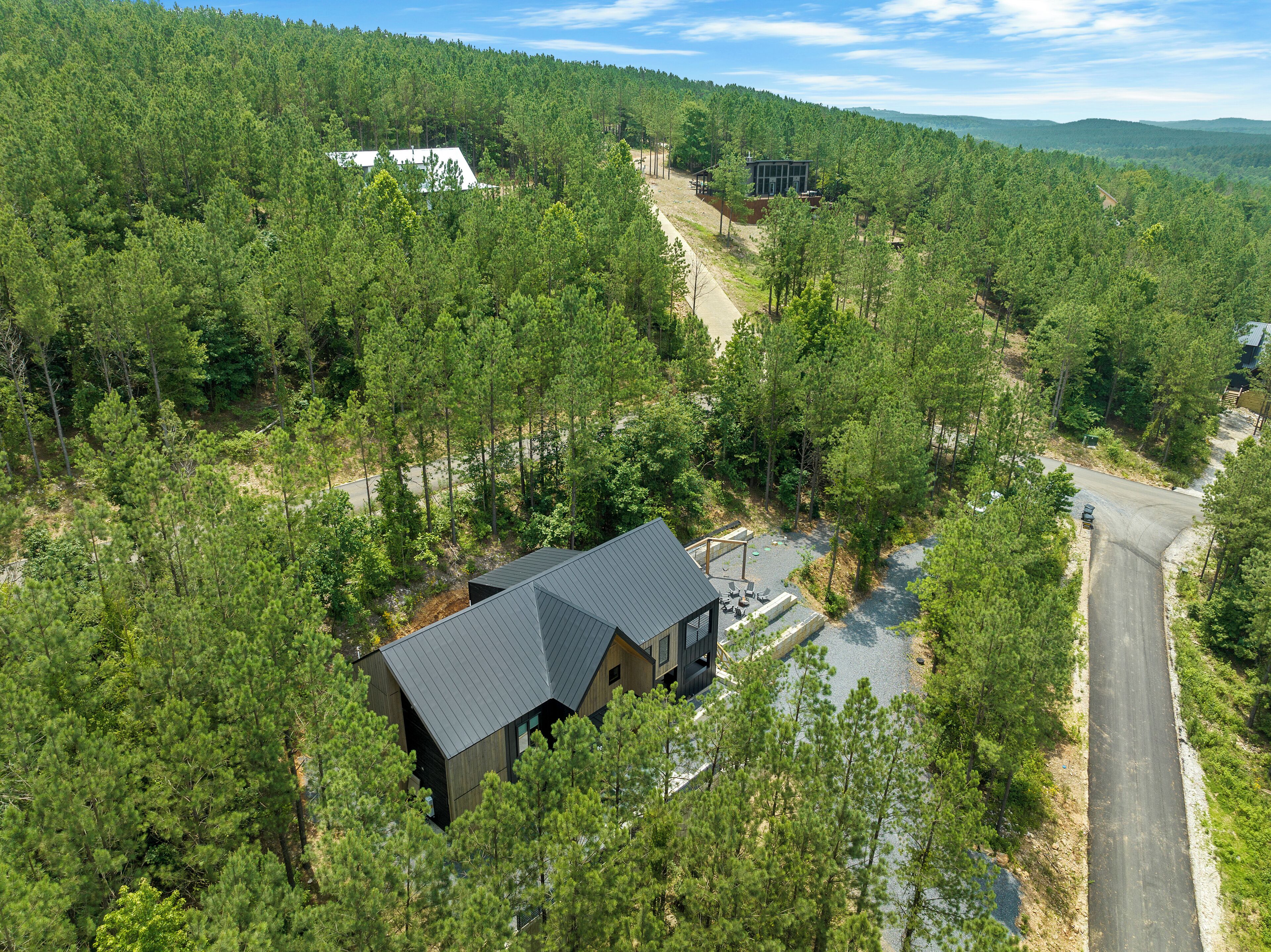 A modern cabin surrounded by dense forest, with a paved driveway leading to the entrance.