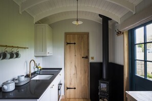 Fridge, microwave, cookware/dishes/utensils - Oak Tree Shepherd's Hut/ Chatsworth Estate (Baslow)