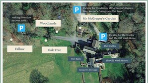 An aerial view of a historic estate with labeled areas for parking and key buildings including Woodlands, Mr McGregor's Garden, The Barn, The Stables, The Old Wash House, and Keeper's Cottage. - Woodlands Shepherd's Hut Chatsworth Estate (Baslow)