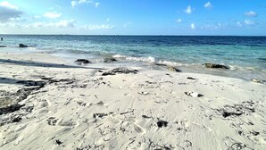 Una playa con agua cristalina, rocas y huellas.