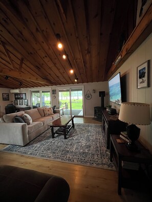Smart TV, fireplace, books