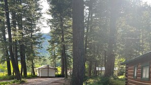 Ein rustikales Blockhaus mit einem Kiesweg, umgeben von hohen Bäumen und einem Berg im Hintergrund.