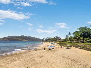 On the beach, sun-loungers, beach towels