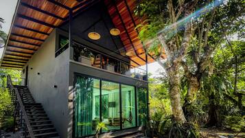 A modern house with a glass facade, wooden staircase, and a view of the surrounding forest.