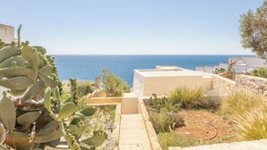 A coastal property with a view of the sea, featuring a cactus plant, a stone pathway, and a building with a flat roof.