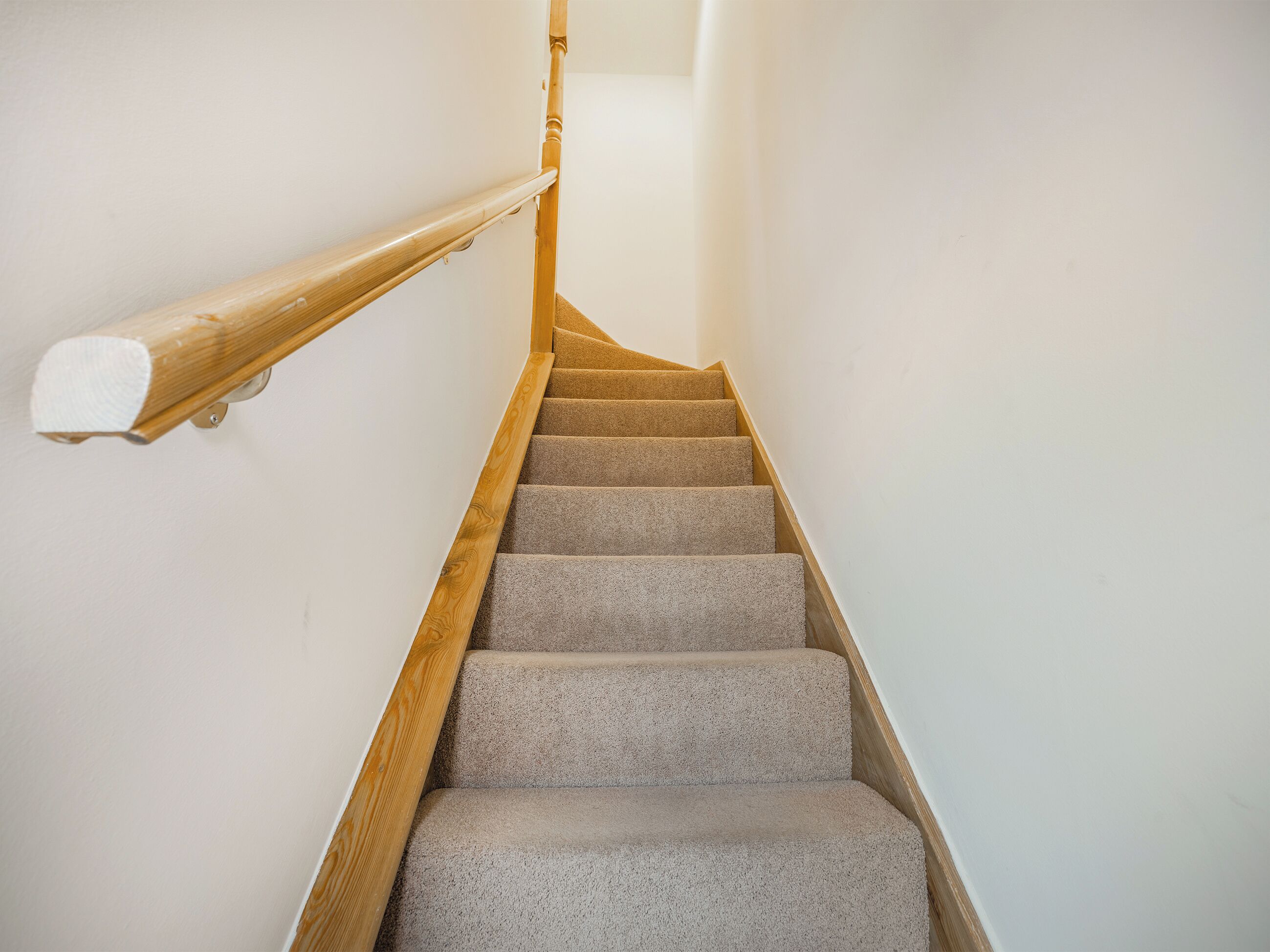 A staircase with carpeted steps and wooden handrails.
