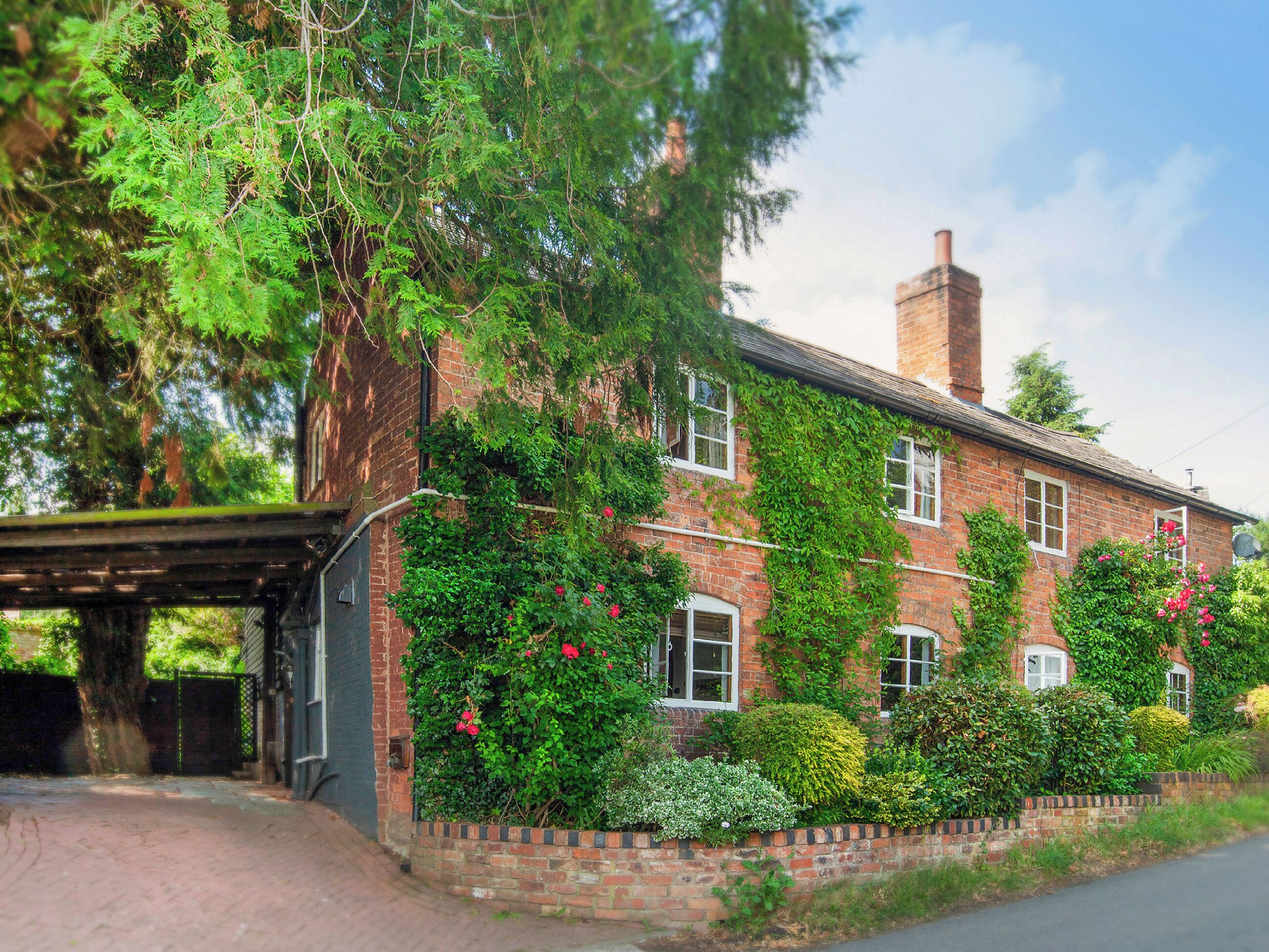 A brick house with ivy and flowering plants.