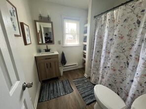 Hair dryer, towels, soap, shampoo