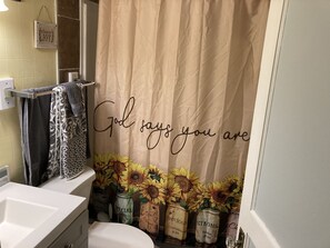 Hair dryer, towels, soap, toilet paper