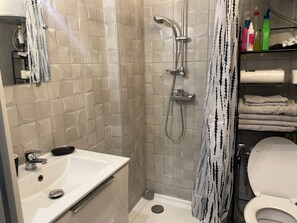 Shower, hair dryer, towels, soap