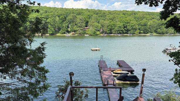 A wooden dock extending into a lake with boats docked, surrounded by dense forest.