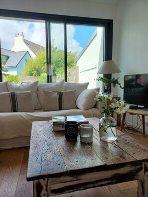 Télévision, cheminée, livres, chaßne hi-fi